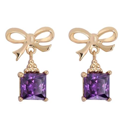 Grewod Ohrstecker Schmuck, Damen 18K Gelbgold 750 Schleife Lila Quadrat Amethyst Ohrringe Schmuck von Grewod