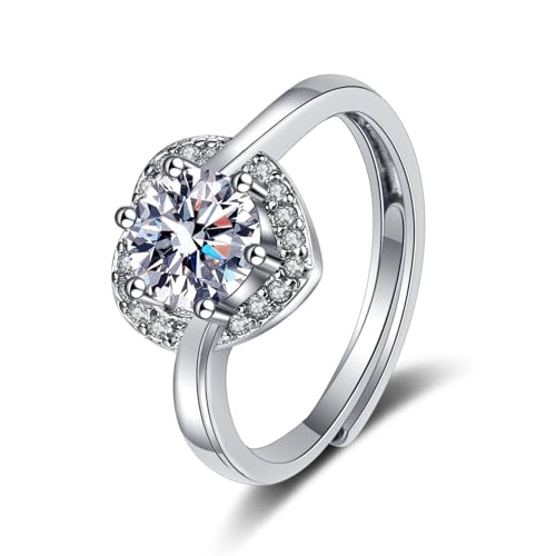 Grewod Ring Damen 18 Karat Weiß Gold Verstellbar Herz Weiß Rund Moissanit Trauringe Ringe Größe 56 (17.8) von Grewod