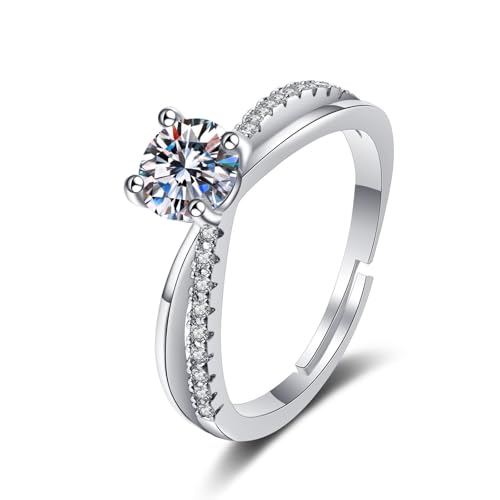Grewod Ring Frau, 9K 375 Weiß Gold Unendlich Verstellbar Weiß Rund Moissanit Ring Schmuck Größe 51 (16.2) von Grewod