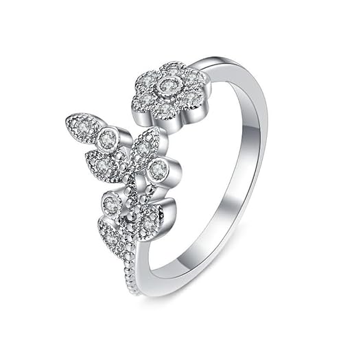 Grewod Ring Frauen, 18K 750 Weißgold Offen Blüten Blätter Weiß Rund Labor Erstellt Diamant Eheringe Hochzeitsringe Größe 60 (19.1) von Grewod