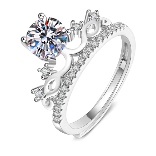Grewod Ring Modeschmuck, Damen 14K Weißgold 585 Verstellbar Krone 4 Zacken 1ct Weiß Rund Labor Erstellt Diamant Eheringe und Verlobungsringe Gr. 61 (19.4) von Grewod