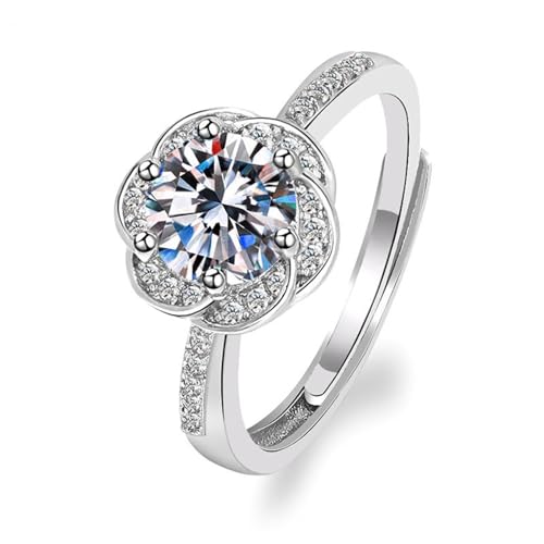 Grewod Ring Modeschmuck Damen, 9 Karat Weißgold Blume Verstellbar Weiß Rund Labor Erstellt Diamant Ringe Größe 48 (15.3) von Grewod