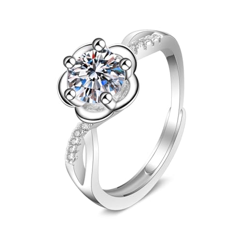 Grewod Ring Schmuck, Damen Weißgold 375 9 Karat Verstellbar Hohl Blume 1ct 6.5mm Weiß Rund Labor Erstellt Diamant Eheringe Hochzeit Größe 51 (16.2) von Grewod