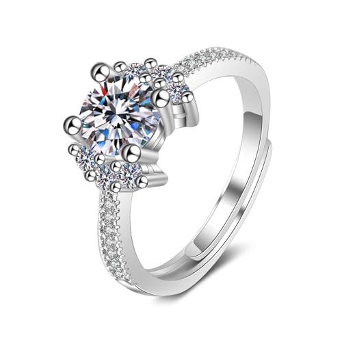 Grewod Ring Schmuck Damen, Weiß Gold 375 9 Karat Verstellbar Blätter 4 Zacken 1ct 6.5mm Weiß Rund Labor Erstellt Diamant Ringe für Hochzeit Gr. 53 (16.9) von Grewod