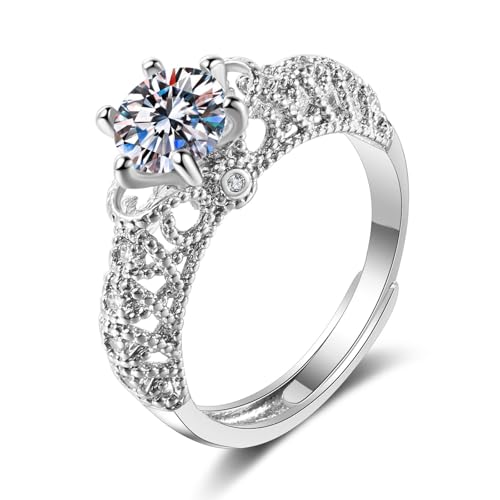Grewod Ring Verlobungsring, Damen Weißgold 375 9 Karat Verstellbar Vintage Rebe Weiß Rund Moissanit Eheringe Größe 61 (19.4) von Grewod