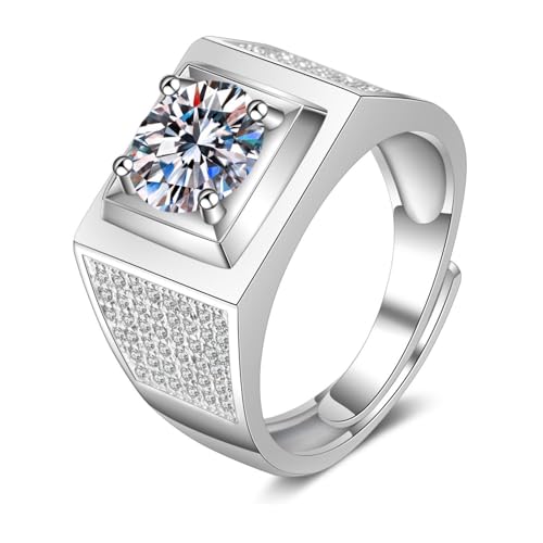 Grewod Ring für Männer, 9K 375 Weißgold Verstellbar Breit 4 Zacken 2ct 8mm Weiß Rund Moissanit Verlobung Ringe Größe 60 (19.1) von Grewod