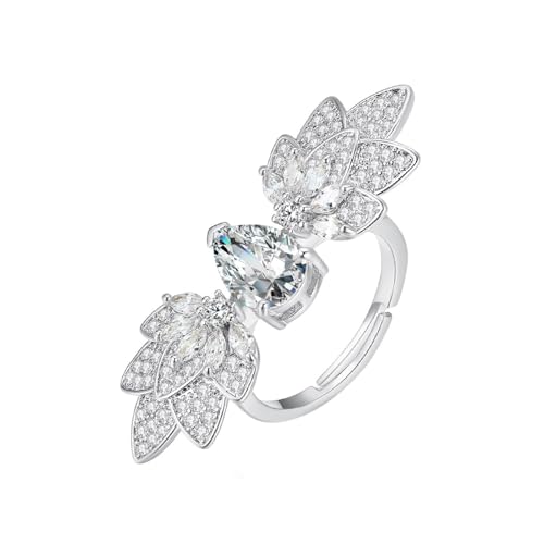 Grewod Ringe Damen, 9K 375 Weißgold Verstellbar Tropfen mit Blatt Weiß Labor Erstellt Diamant Verlobungsringe und Eheringe Größe 47 (15.0) von Grewod