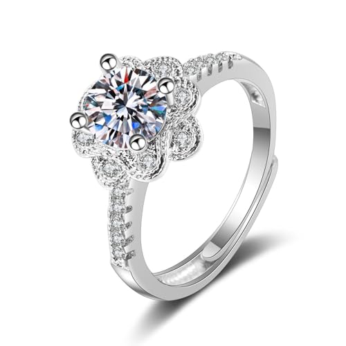 Grewod Ringe Damen, 9K Weiß Gold 375 Verstellbar Blume Weiß Rund Moissanit Schmuck Ring Größe 65 (20.7) von Grewod