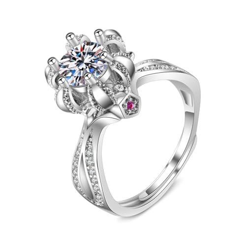 Grewod Ringe Damen, Weiß Gold 9K 375 Verstellbar Krone Blume 6 Zacken 1ct Weiß Rund Labor Erstellt Diamant Trauringe Verlobungsringe Größe 62 (19.7) von Grewod