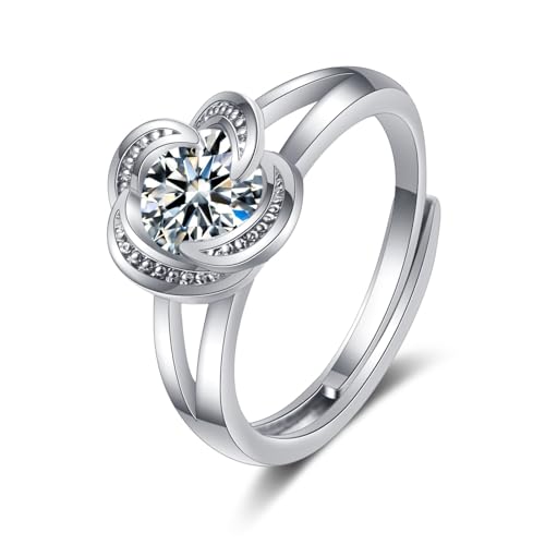 Grewod Ringe Hochzeit, Damen 14 Karat 585 Weißgold Verstellbar Blume Weiß Rund Moissanit Verlobungsring Ehering Größe 65 (20.7) von Grewod