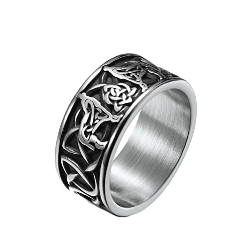 Grewod Ringe Männer, 10MM Edelstahl Silber Keltischer Wolf Schmuck Trauringe Schlicht Größe 67 (21.3) von Grewod