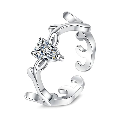 Grewod Ringe Schmuck, Damen 9 Karat Weißgold Offen Blatt Tropfen Weiß Labor Erstellt Diamant Hochzeit Ringe Größe 48 (15.3) von Grewod