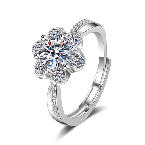 Grewod Ringe Verlobung, Damen 14K Weißgold Verstellbar Blume Weiß Rund Moissanit Ring Schlicht Größe 47 (15.0) von Grewod