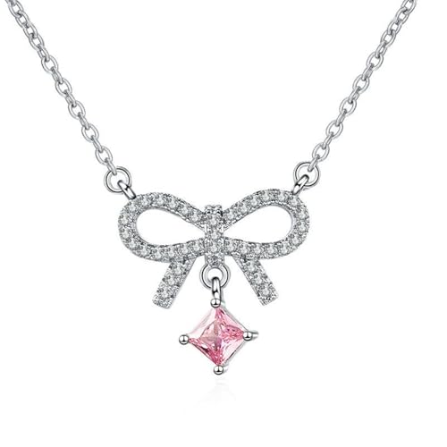 Grewod Schmuck Anhänger, Damen 9K Weiß Gold 375 Schleife Rosa Quadrat Turmalin mit Labor Erstellt Diamant Halskette mit Kette 40+5 cm von Grewod
