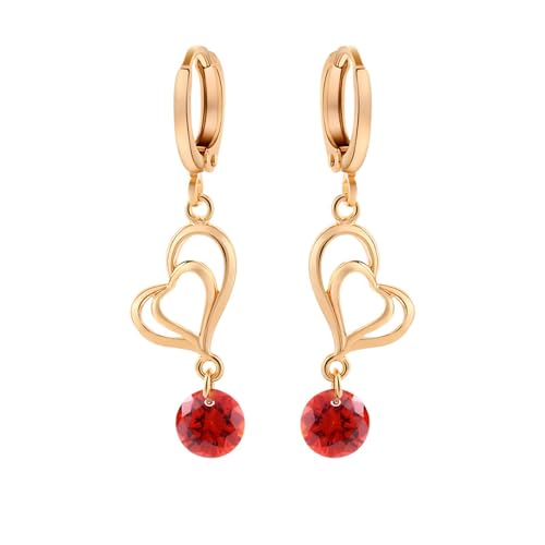 Grewod Schmuck Damen Ohrringe, Gold 9 Karat 375 Zwei Herz Rot Rund Labor Erstellt Rubin Ohrhänger von Grewod