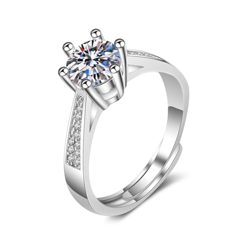 Grewod Schmuck Damen Ring, Weiß Gold 14K 585 Elegant 6 Zacken 1ct 6.5mm Verstellbar Weiß Rund Labor Erstellt Diamant Hochzeit Ringe Größe 56 (17.8) von Grewod