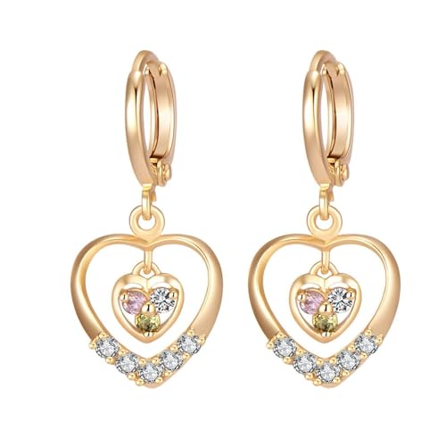 Grewod Schmuck Frauen Ohrringe, Gold 18 Karat Hohl Herz Weiß Rund Granat Rosa Kristall Moissanit Ohrhänger von Grewod
