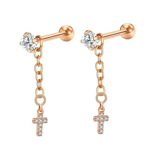 Grewod Schmuck Frauen Ohrringe, Rosegold 9 Karat 375 Kette mit Kreuz Weiß Rund Moissanit Ohrhänger von Grewod