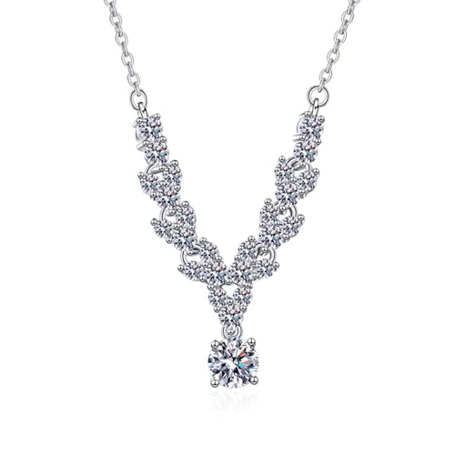 Grewod Schmuck Halskette Damen, 14 Karat Weißgold 585 Blatt Weiß Rund Labor Erstellt Diamant Halskette mit Anhänger 40+5 cm von Grewod