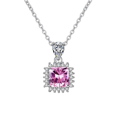 Grewod Schmuck Halskette Damen, Weißgold 14 Karat Elegant Rosa Quadrat Labor Erstellt Saphir mit Labor Erstellt Diamant Halskette mit Anhänger 40+5 cm von Grewod
