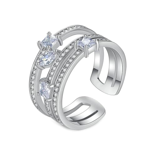 Grewod Schmuck Hochzeit, Damen 18 Karat Weißgold 750 3-Lagigeen Offen Weiß Quadrat Labor Erstellt Diamant Eheringe Verlobungsringe Ring Größe 48 (15.3) von Grewod