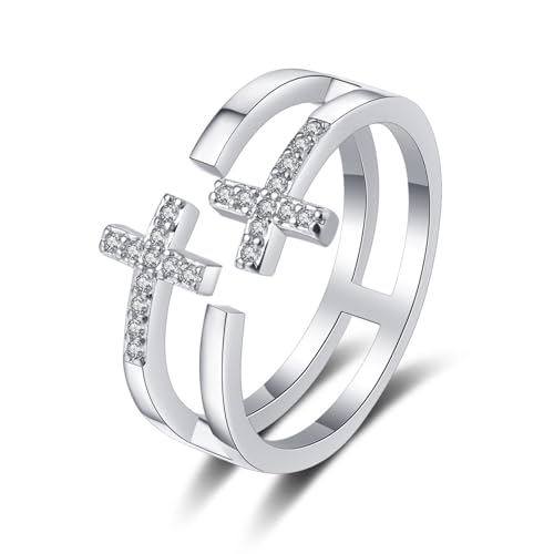 Grewod Schmuck Hochzeit, Damen 18K Weiß Gold Offen Kreuz Weiß Rund Moissanit Eheringe Ring Größe 53 (16.9) von Grewod