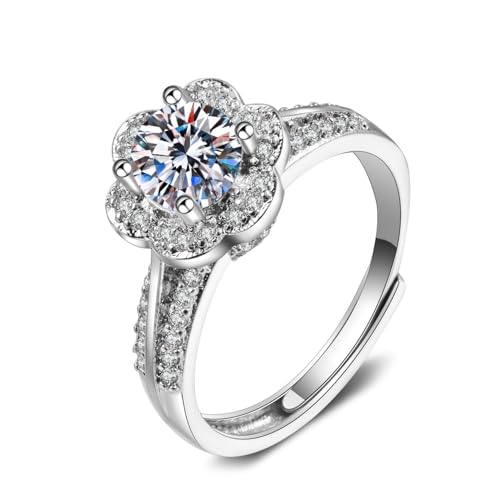 Grewod Schmuck Hochzeit, Damen 18K Weiß Gold Verstellbar Elegante Blume 1ct 6.5mm Weiß Rund Labor Erstellt Diamant Eheringe Trauringe Ring Größe 53 (16.9) von Grewod