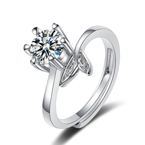 Grewod Schmuck Hochzeit, Damen 9 Karat Weiß Gold Verstellbar Flügel Weiß Rund Moissanit Eheringe Ring Größe 56 (17.8) von Grewod