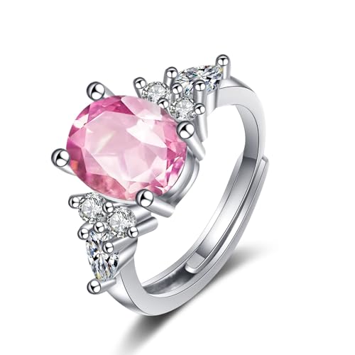 Grewod Schmuck Hochzeit, Damen 9 Karat Weißgold 375 Elegant Verstellbar Rosa Oval Kristall mit Moissanit Ringe Eheringe Größe 49 (15.6) von Grewod