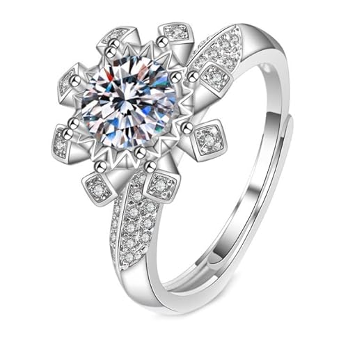 Grewod Schmuck Hochzeit, Damen 9 Karat Weißgold 375 Verstellbar Schneeflocke 2ct Weiß Rund Moissanit Mode Ringe Größe 60 (19.1) von Grewod