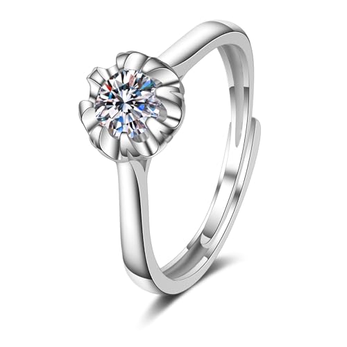 Grewod Schmuck Hochzeit, Damen Weiß Gold 9K Blume Verstellbar Weiß Rund Labor Erstellt Diamant Eheringe Trauringe Ring Größe 61 (19.4) von Grewod