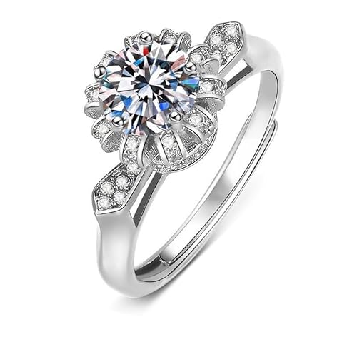 Grewod Schmuck Hochzeit, Damen Weißgold 375 9K Verstellbar Blume 6 Zacken 1ct Weiß Rund Labor Erstellt Diamant Ring Verlobung Größe 62 (19.7) von Grewod