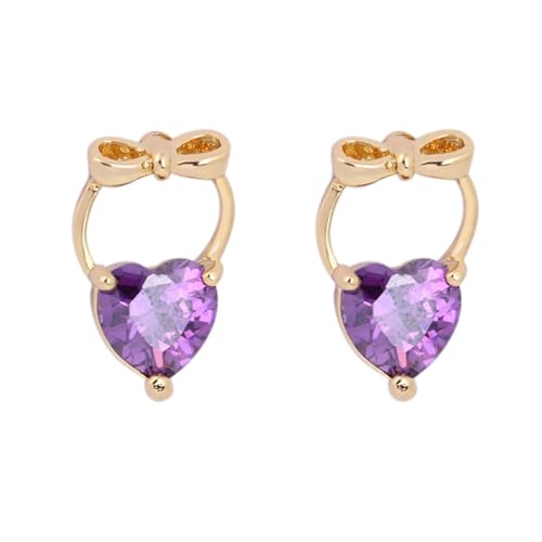 Grewod Schmuck Ohrringe, Damen 9K 375 Gelbgold Schleife Lila Herz Amethyst Ohrstecker Nickelfrei Schmuck von Grewod