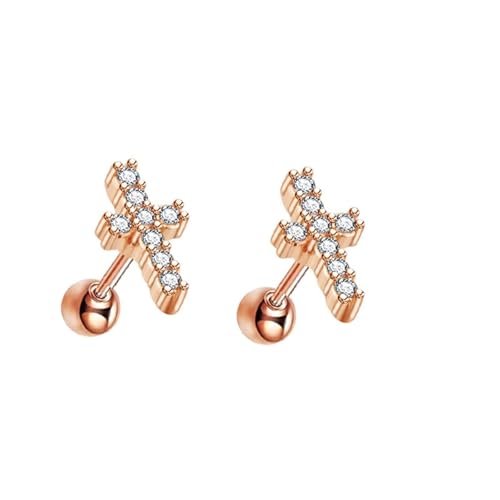 Grewod Schmuck Ohrringe, Damen Rosegold 18 Karat 750 Kreuz Weiß Rund Moissanit Ohrstecker Schmuck von Grewod
