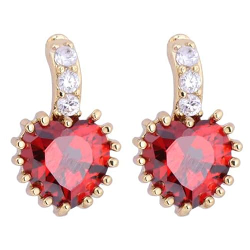 Grewod Schmuck Ohrringe Stecker, Damen 14 Karat 585 Gelbgold Elegant Rot Herz Labor Erstellt Rubin mit Moissanit Ohrstecker von Grewod