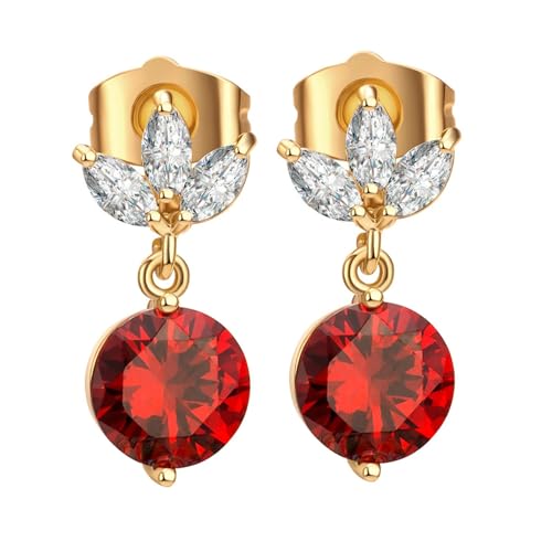Grewod Schmuck Ohrstecker, Damen 9 Karat 375 Gelbgold Blatt Rot Rund Labor Erstellt Rubin mit Moissanit Ohrringe von Grewod