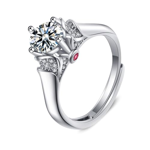 Grewod Schmuck Ring, Damen 18K Weißgold 750 Verstellbar Vintage Blume 4 Zacken 1ct 6.5mm Weiß Labor Erstellt Diamant mit Rubin Verlobungsringe Hochzeit Gr. 58 (18.5) von Grewod