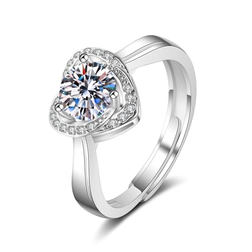 Grewod Schmuck Ring, Damen Weißgold 750 18K Verstellbar Herz Weiß Rund Moissanit Ring Hochzeit Größe 58 (18.5) von Grewod