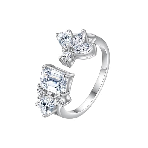 Grewod Trauringe, Damen Weiß Gold 585 14K Offen Blume Weiß Rechteck Moissanit Verlobungsring und Ehering Ring Größe 63 (20.1) von Grewod
