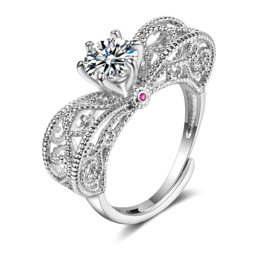 Grewod Trauringe, Damen Weißgold 14K Verstellbar Vintage Rebe Weiß Rund Moissanit mit Rubin Verlobungsringe Ring Größe 49 (15.6) von Grewod