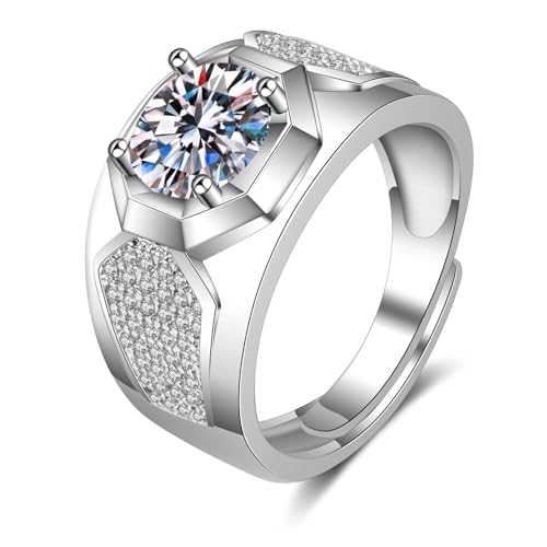 Grewod Trauringe, Herren Weiß Gold 585 14K Verstellbar Breit Weiß Rund Labor Erstellt Diamant Hochzeitsringe Ring Größe 61 (19.4) von Grewod