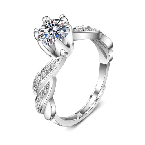 Grewod Trauringe Hochzeit, Damen Weiß Gold 14 Karat 585 Verstellbar Gedrehte Blätter 6 Zacken 1ct 6.5mm Weiß Labor Erstellt Diamant Verlobungsringe Ring Gr. 65 (20.7) von Grewod