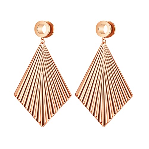 Grewod Tunnel Edelstahl 10MM, Rosegold mit Raute Hängend Ohr Tunnel Damen Flesh Tunnel Ohr Plug Ohr Expander Piercing Schmuck, 1 Paar von Grewod
