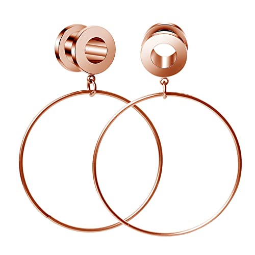Grewod Tunnel Frauen, Edelstahl Rosegold mit Groß Creolen Hängend Ohr Tunnel Flesh Tunnel Ohr Plug Ohr Expander Piercing Schmuck 10MM, 1 Paar von Grewod
