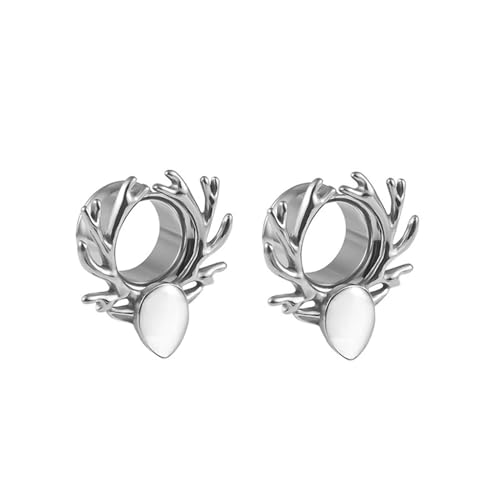 Grewod Tunnels, Edelstahl Silber Weiß Geweih mit Wassertropfen Ohr Tunnel Damen Flesh Tunnel Ohr Plug Ohr Expander Piercing Schmuck 6MM, 1 Paar von Grewod