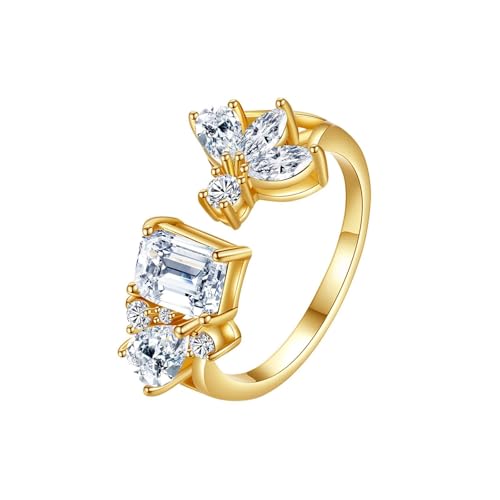 Grewod Verlobungsring Damen, Gelbgold 375 9K Offen Blume Weiß Rechteck Moissanit Eheringe Ring Größe 65 (20.7) von Grewod