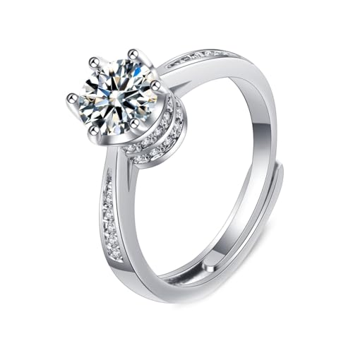 Grewod Verlobungsring Frau, 18K Weiß Gold 750 Verstellbar Elegant 6 Zacken 1ct 6.5mm Weiß Rund Labor Erstellt Diamant Trauringe Eheringe Ring Gr. 60 (19.1) von Grewod