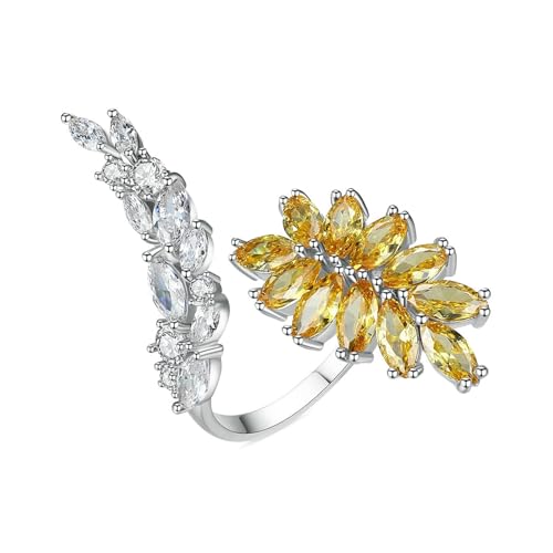 Grewod Verlobungsring Schlicht, Damen Weiß Gold 18 Karat Verstellbar Blätter Blume Weiß Gelb Marquise Citrin mit Moissanit Trauringe Ring Größe 48 (15.3) von Grewod