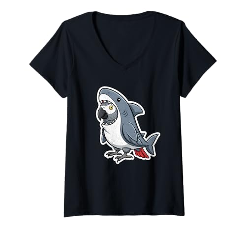Damen Lustiges graues Papageien-Hai-Kostüm, Vogelliebhaber-Design T-Shirt mit V-Ausschnitt Damen Lustiges graues Papageien-Hai-Kostüm, Vogelliebhaber-Design T-Shirt mit V-Ausschnitt von Grey Parrot Shark Costume Collection