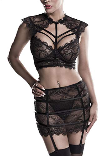 Frauen Unterwäsche Spitzen Dessous Set aus Bügel BH Top, Rock mit Strumpfhalter und Slip transparent schwarz L von Grey Velvet